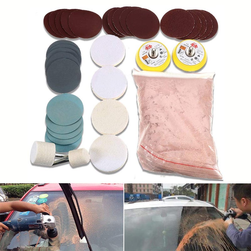 Erthree Glass Polishing Kit, 34pcs/Set Glass Scratch Remover, Window Windscreen Scratch Repair Kit with Cerium Oxide Polishing Powder/Polishing Pad/Polishing Wheel - Image 2